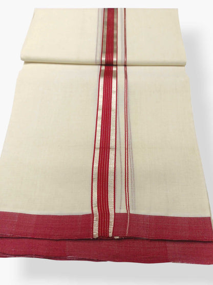 Balaramapuram Handloom Double Mundu Pure Cotton with Red Design