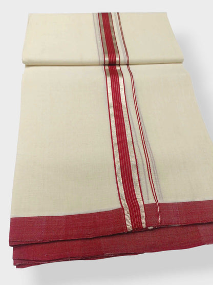 Balaramapuram Handloom Double Mundu Pure Cotton with Red Design