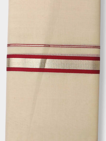 Balaramapuram Handloom Double Mundu Pure Cotton with Red Design