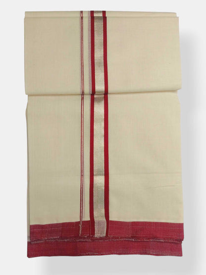 Balaramapuram Handloom Double Mundu Pure Cotton with Red Design