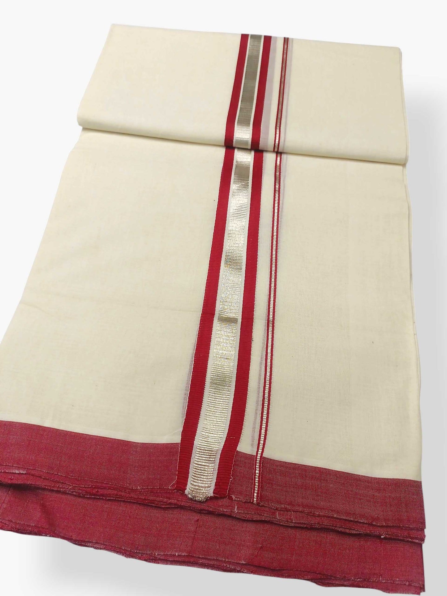 Balaramapuram Handloom Double Mundu Pure Cotton with Red Design
