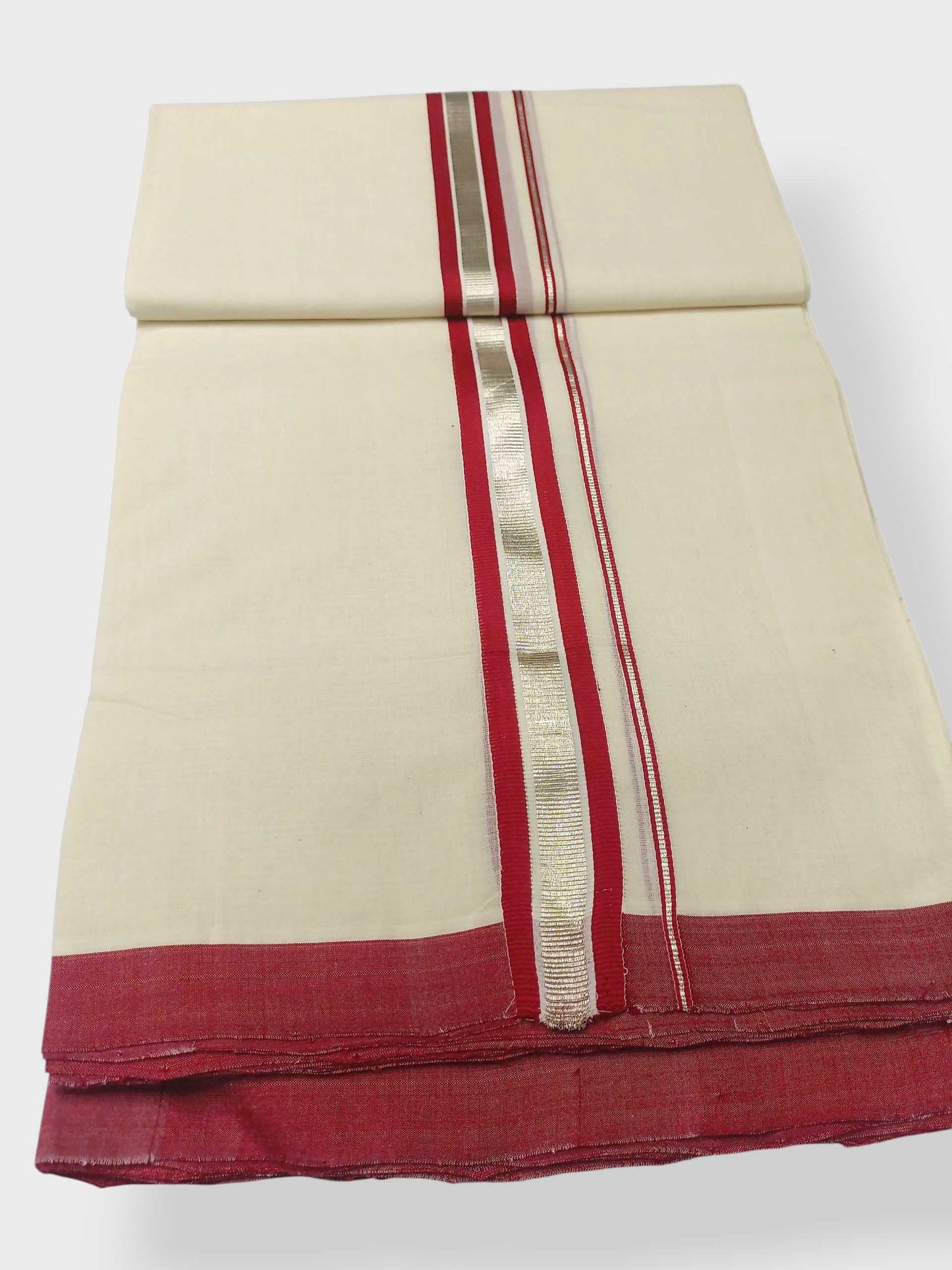 Balaramapuram Handloom Double Mundu Pure Cotton with Red Design