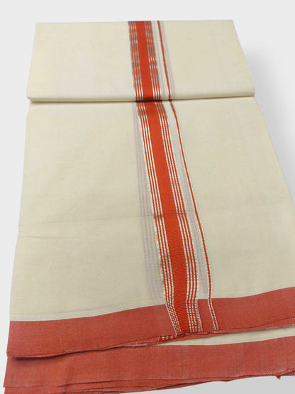 Balaramapuram Handloom Double Mundu Pure Cotton with Orange Border