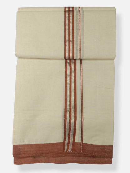 Balaramapuram Handloom Double Mundu Pure Cotton with Brown Border