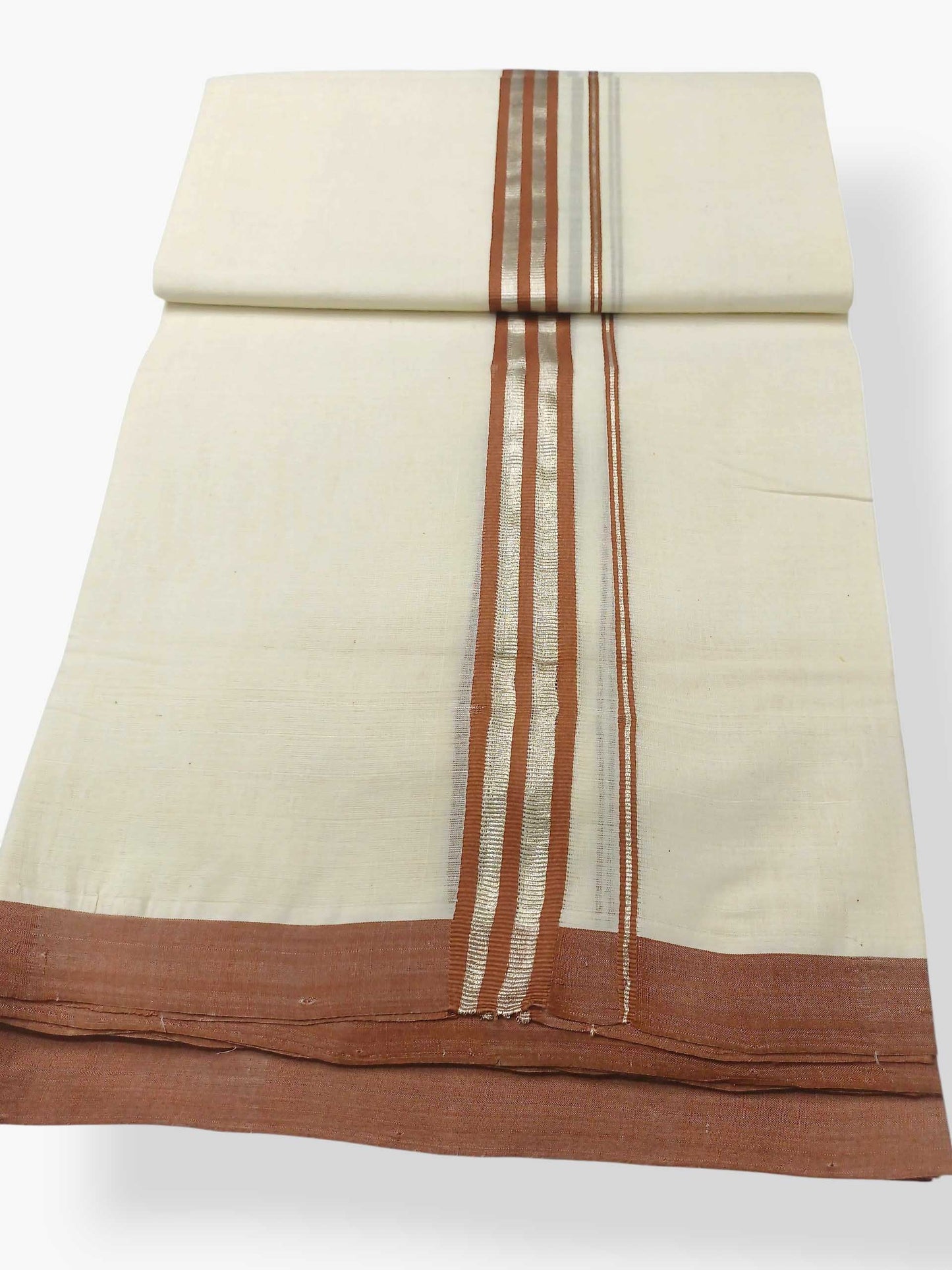 Balaramapuram Handloom Double Mundu Pure Cotton with Brown Border