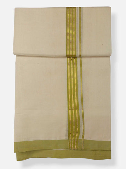 Balaramapuram Handloom Double Mundu Pure Cotton with Yellow Green Border