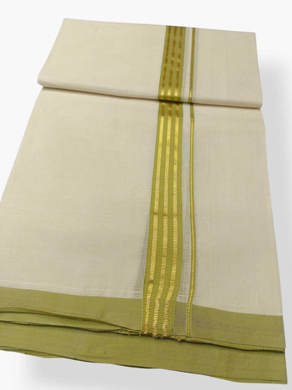 Balaramapuram Handloom Double Mundu Pure Cotton with Yellow Green Border