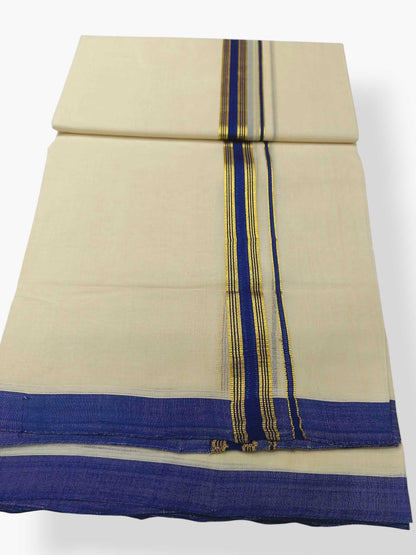 Balaramapuram Handloom Double Mundu Pure Cotton with Blue Border