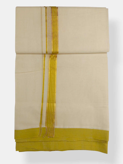 Balaramapuram Handloom Double Mundu Pure Cotton with Yellow Green Border