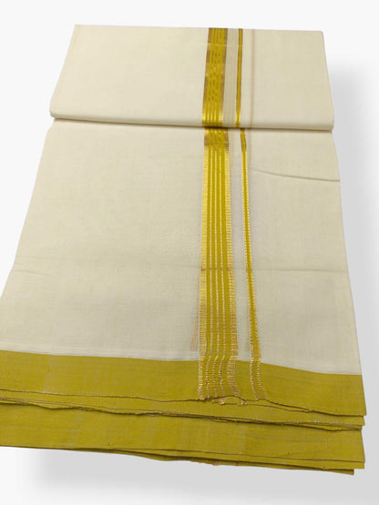 Balaramapuram Handloom Double Mundu Pure Cotton with Yellow Green Border