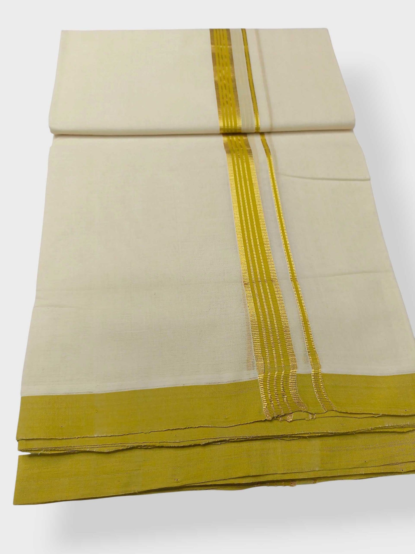 Balaramapuram Handloom Double Mundu Pure Cotton with Yellow Green Border