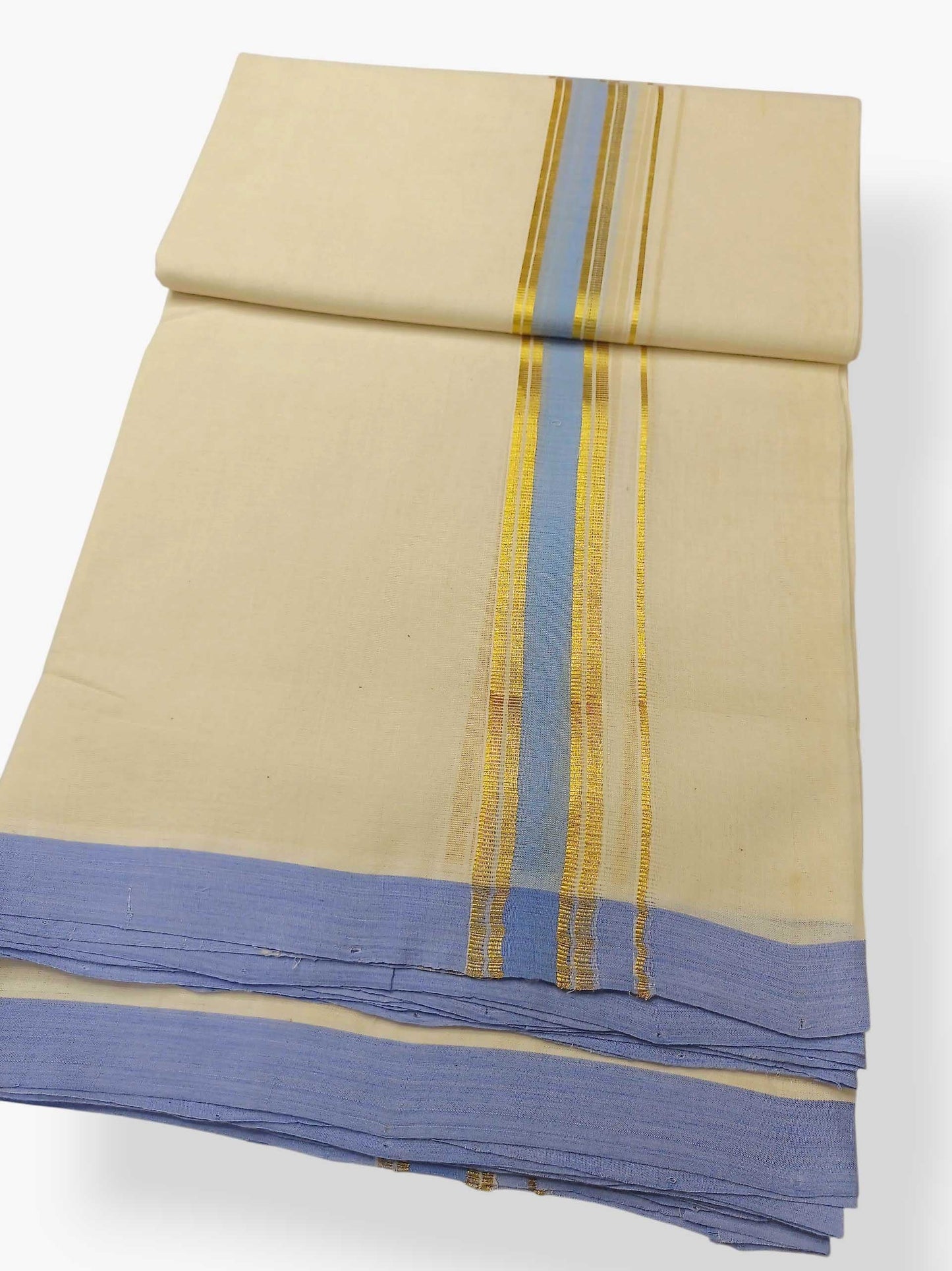 Balaramapuram Handloom Double Mundu Pure Cotton with Blue Border