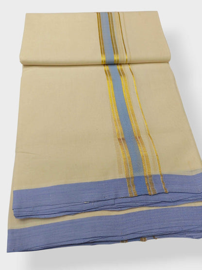 Balaramapuram Handloom Double Mundu Pure Cotton with Blue Border