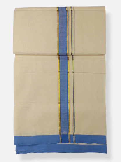 Balaramapuram Handloom Double Mundu Pure Cotton with Blue Border