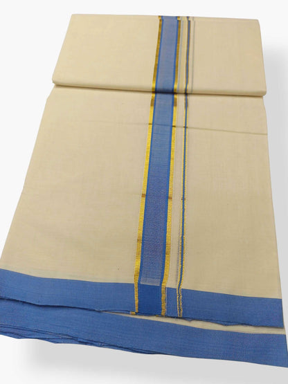 Balaramapuram Handloom Double Mundu Pure Cotton with Blue Border