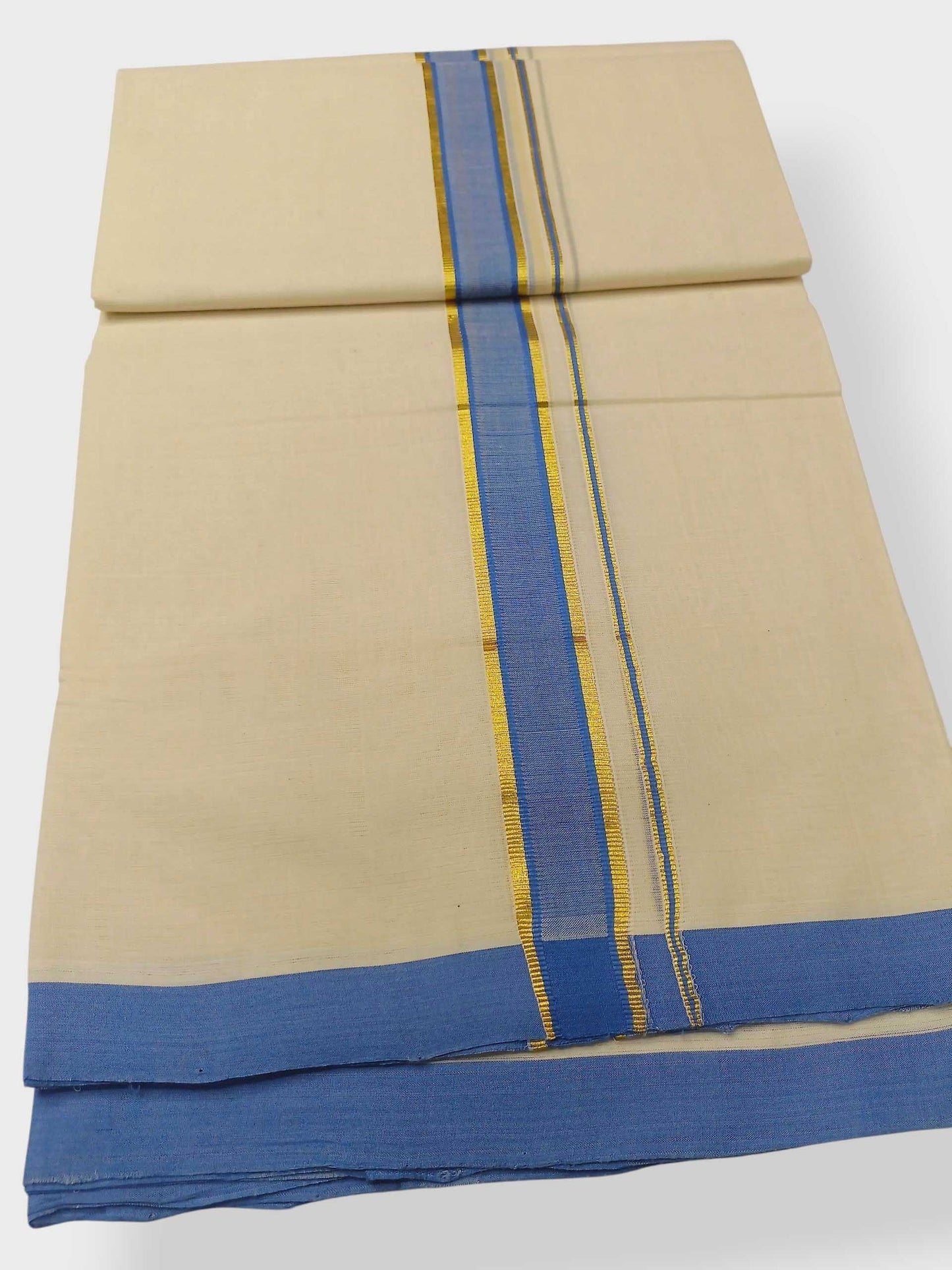 Balaramapuram Handloom Double Mundu Pure Cotton with Blue Border