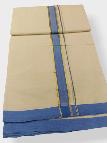 Balaramapuram Handloom Double Mundu Pure Cotton with Blue Border
