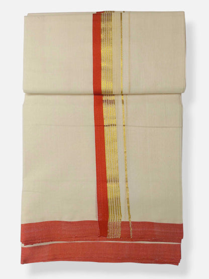 Balaramapuram Handloom Double Mundu Pure Cotton with Orange Border