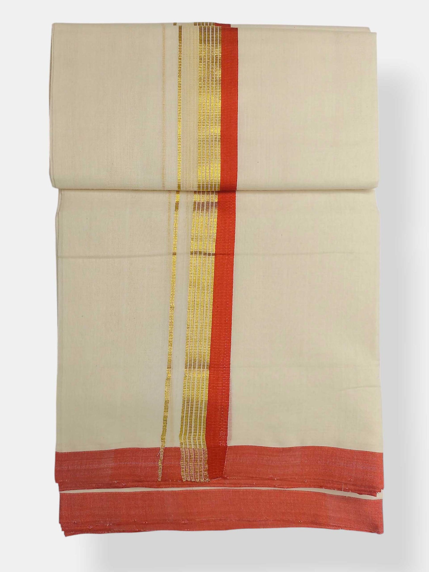 Balaramapuram Handloom Double Mundu Pure Cotton with Orange Border