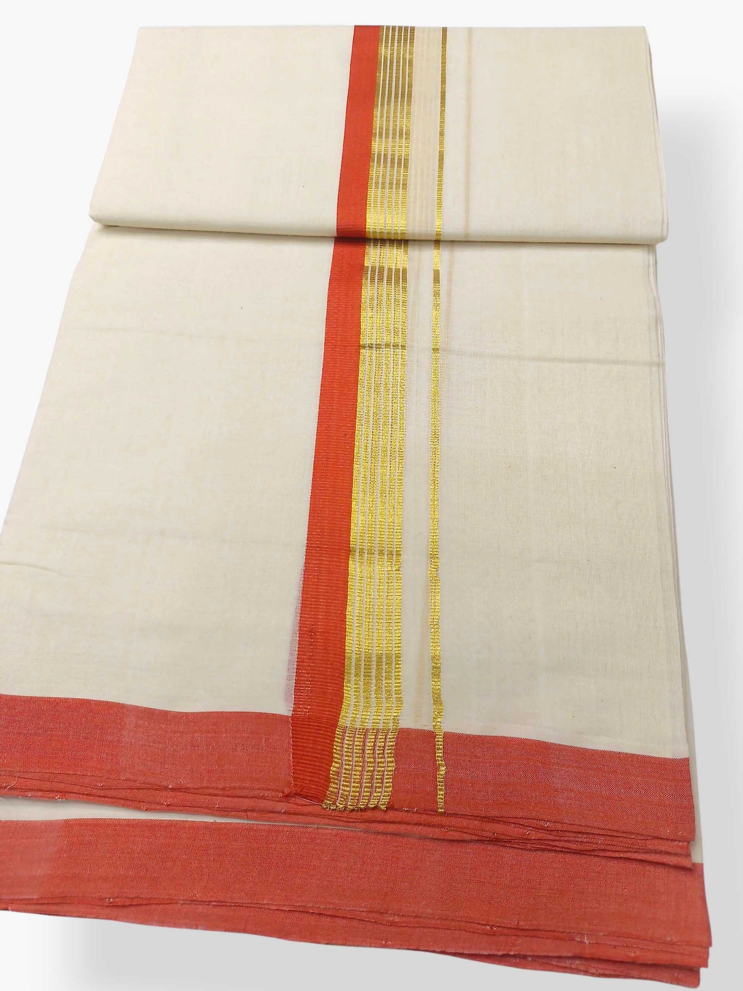 Balaramapuram Handloom Double Mundu Pure Cotton with Orange Border