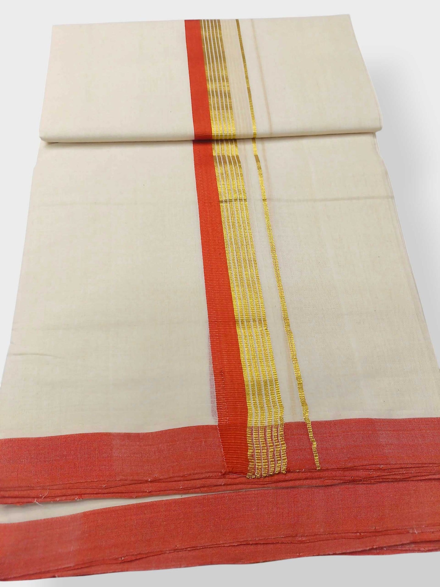 Balaramapuram Handloom Double Mundu Pure Cotton with Orange Border