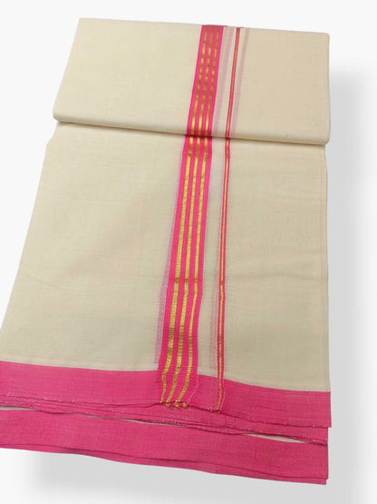 Balaramapuram Handloom Double Mundu Pure Cotton with Magenta Border