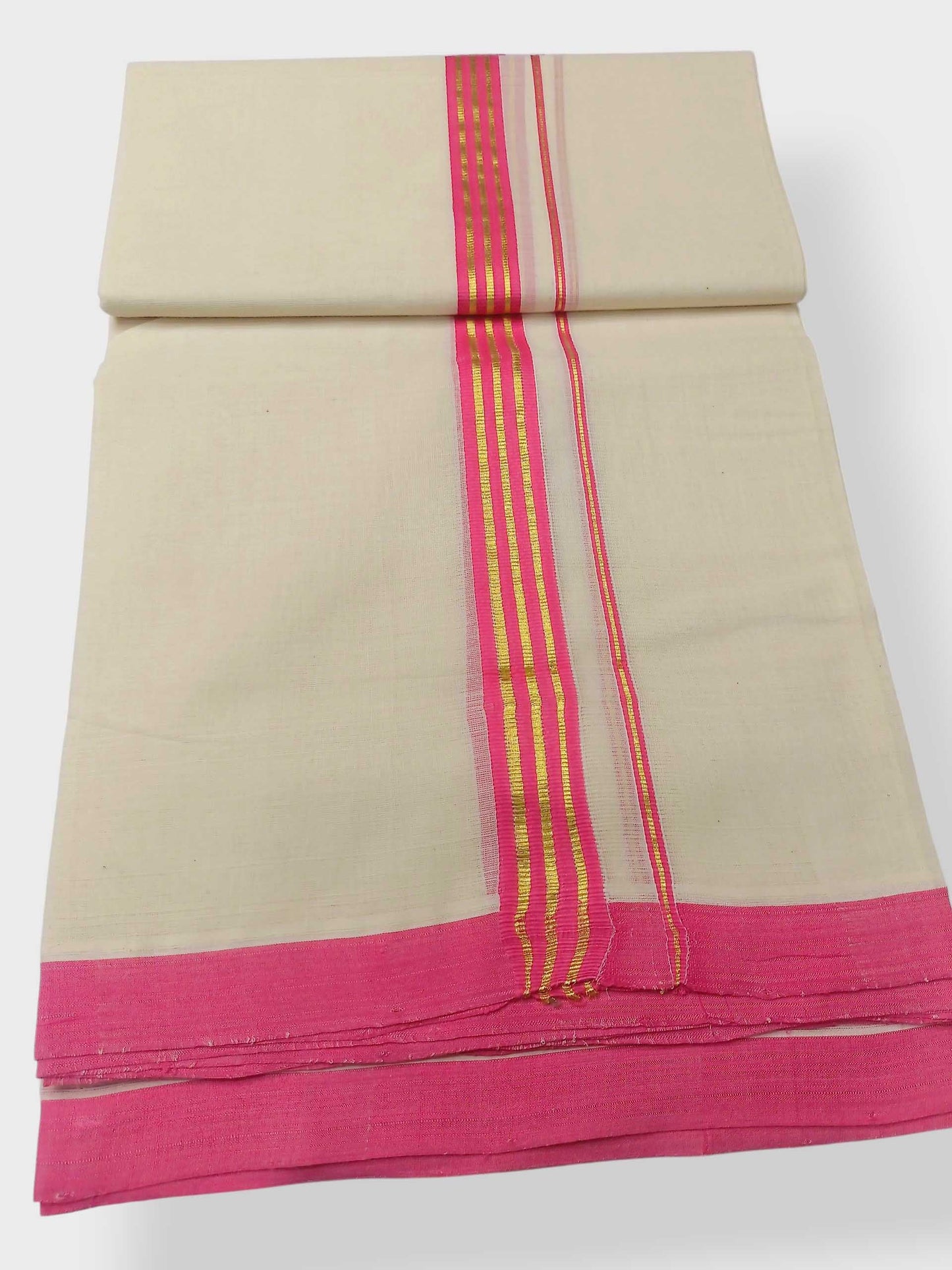 Balaramapuram Handloom Double Mundu Pure Cotton with Magenta Border