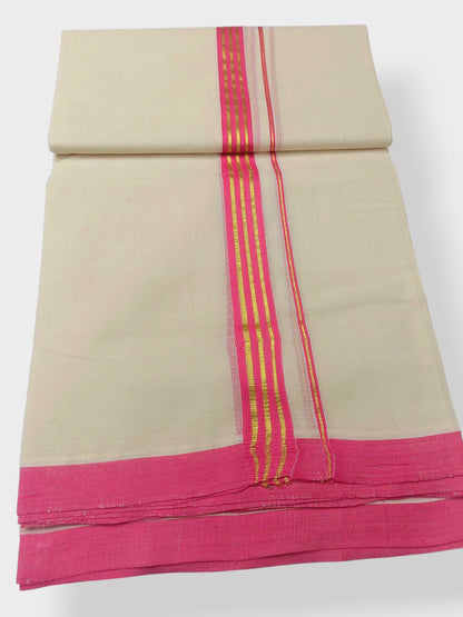 Balaramapuram Handloom Double Mundu Pure Cotton with Magenta Border