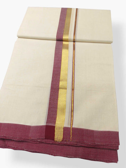 Balaramapuram Handloom Double Mundu Pure Cotton with Maroon Border