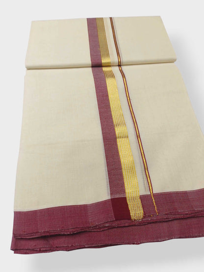 Balaramapuram Handloom Double Mundu Pure Cotton with Maroon Border