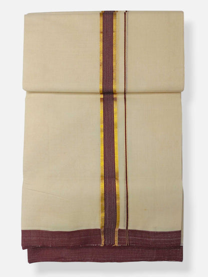 Balaramapuram Handloom Double Mundu Pure Cotton with Brown Border