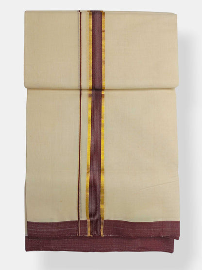 Balaramapuram Handloom Double Mundu Pure Cotton with Brown Border
