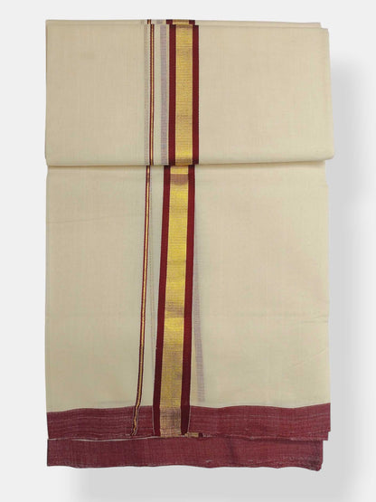 Balaramapuram Handloom Double Mundu Pure Cotton with Brown Border