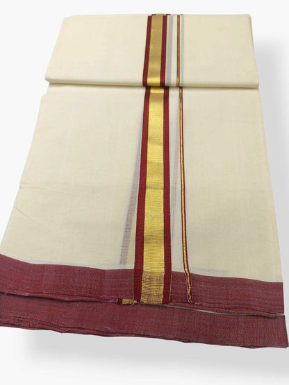 Balaramapuram Handloom Double Mundu Pure Cotton with Brown Border