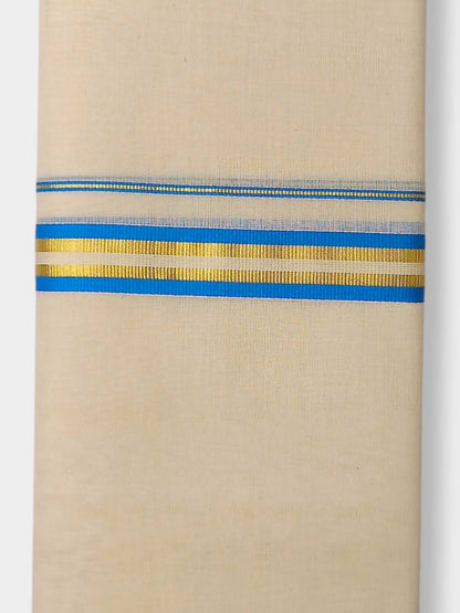 Balaramapuram Handloom Double Mundu Pure Cotton with SkyBlue Border