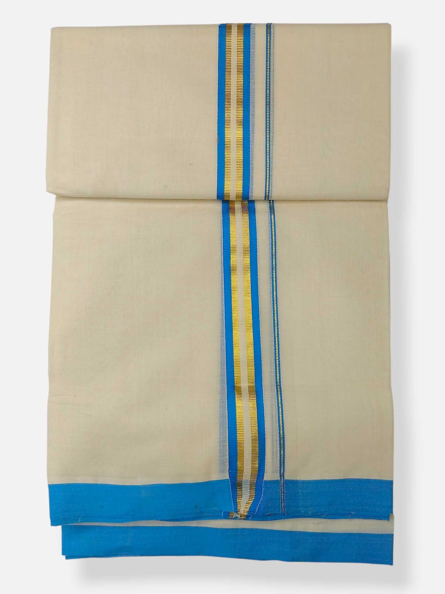 Balaramapuram Handloom Double Mundu Pure Cotton with SkyBlue Border