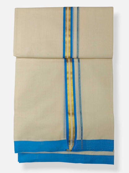 Balaramapuram Handloom Double Mundu Pure Cotton with SkyBlue Border