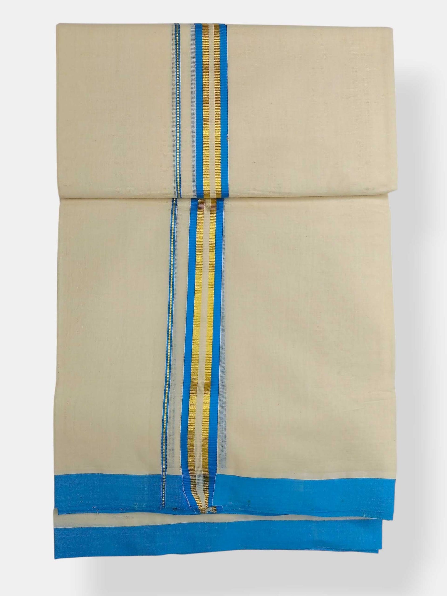 Balaramapuram Handloom Double Mundu Pure Cotton with SkyBlue Border