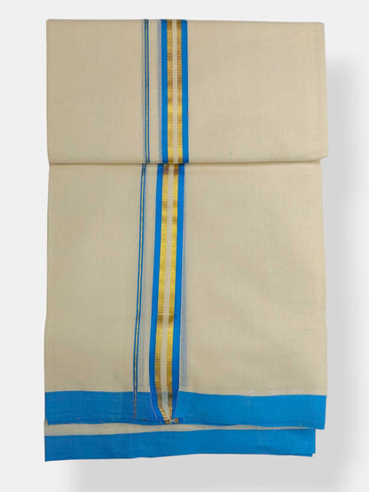 Balaramapuram Handloom Double Mundu Pure Cotton with SkyBlue Border