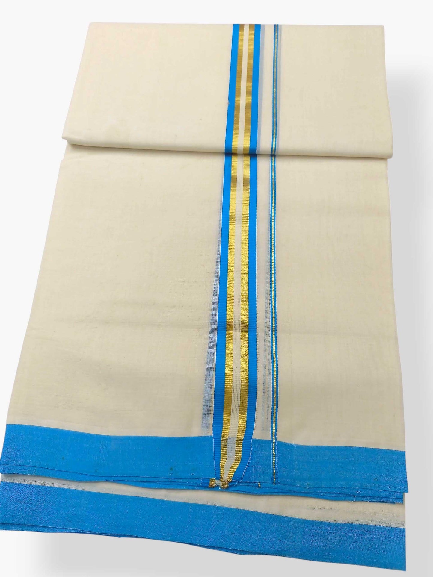 Balaramapuram Handloom Double Mundu Pure Cotton with SkyBlue Border