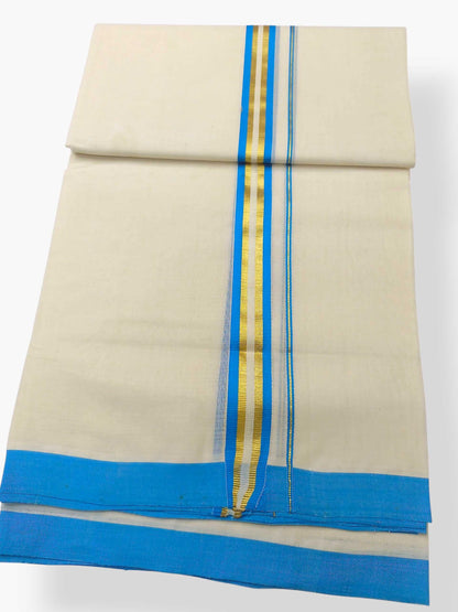 Balaramapuram Handloom Double Mundu Pure Cotton with SkyBlue Border