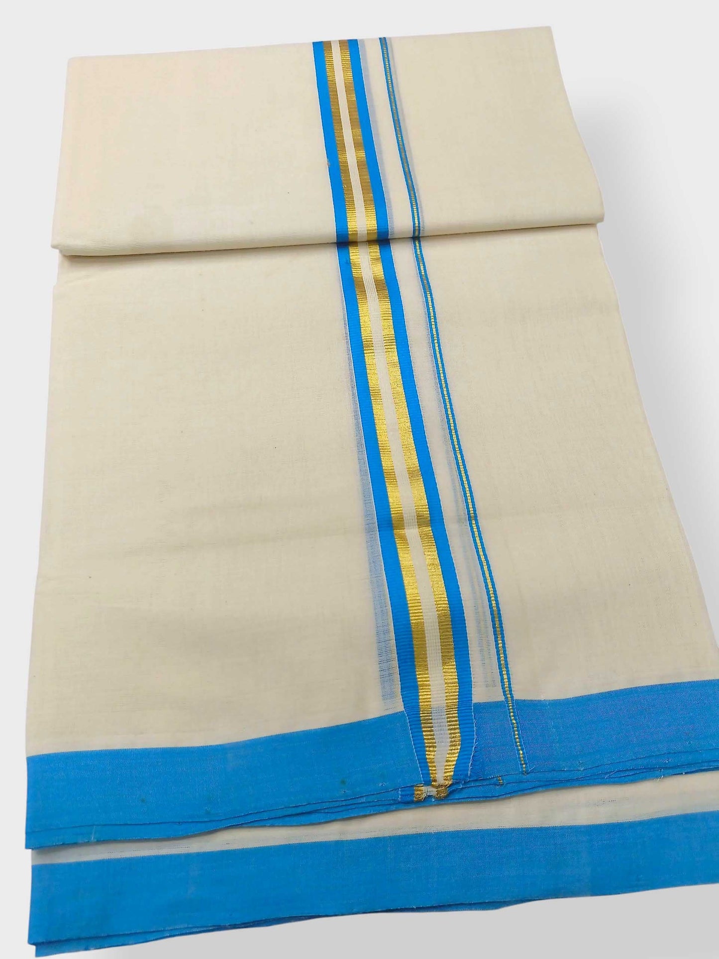 Balaramapuram Handloom Double Mundu Pure Cotton with SkyBlue Border