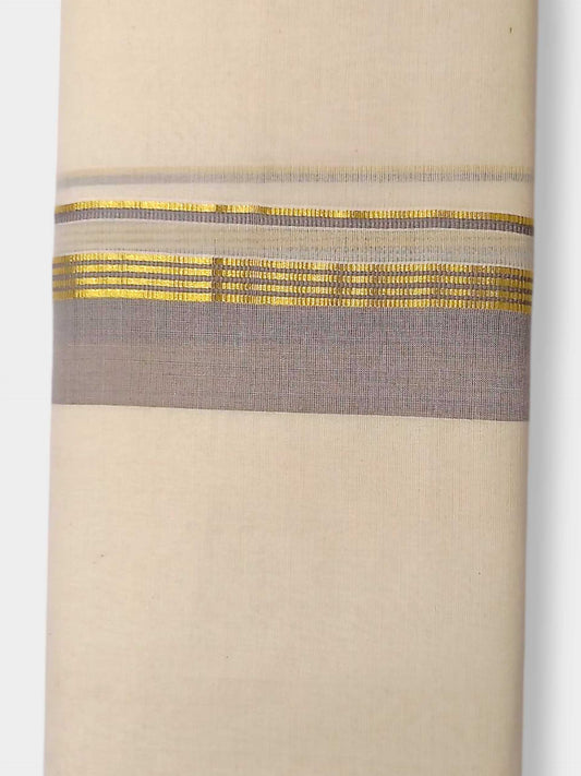 Balaramapuram Handloom Double Mundu Pure Cotton with Khakhi Border
