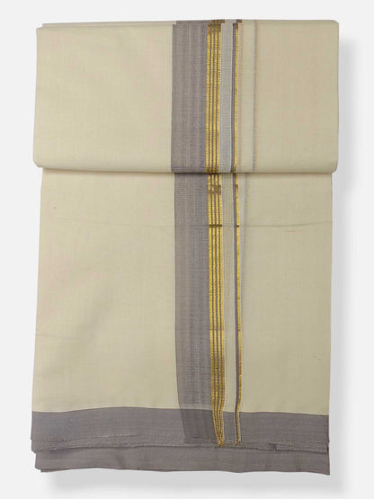 Balaramapuram Handloom Double Mundu Pure Cotton with Khakhi Border