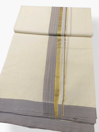 Balaramapuram Handloom Double Mundu Pure Cotton with Khakhi Border