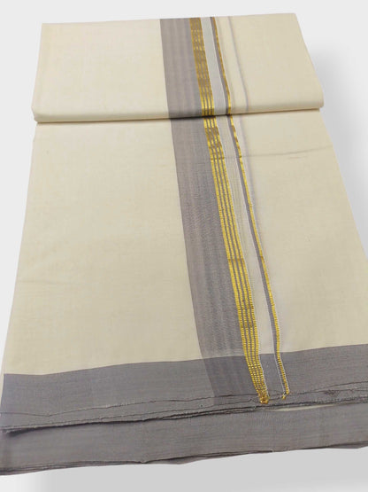 Balaramapuram Handloom Double Mundu Pure Cotton with Khakhi Border