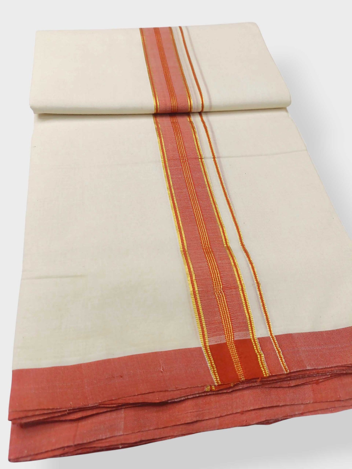 Balaramapuram Handloom Double Mundu Pure Cotton with Orange Border