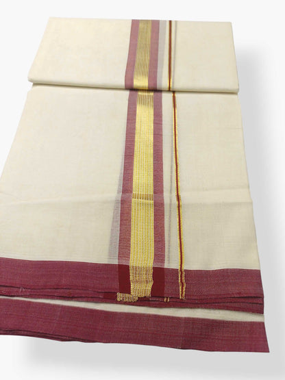 Balaramapuram Handloom Double Mundu Pure Cotton with Rose Border