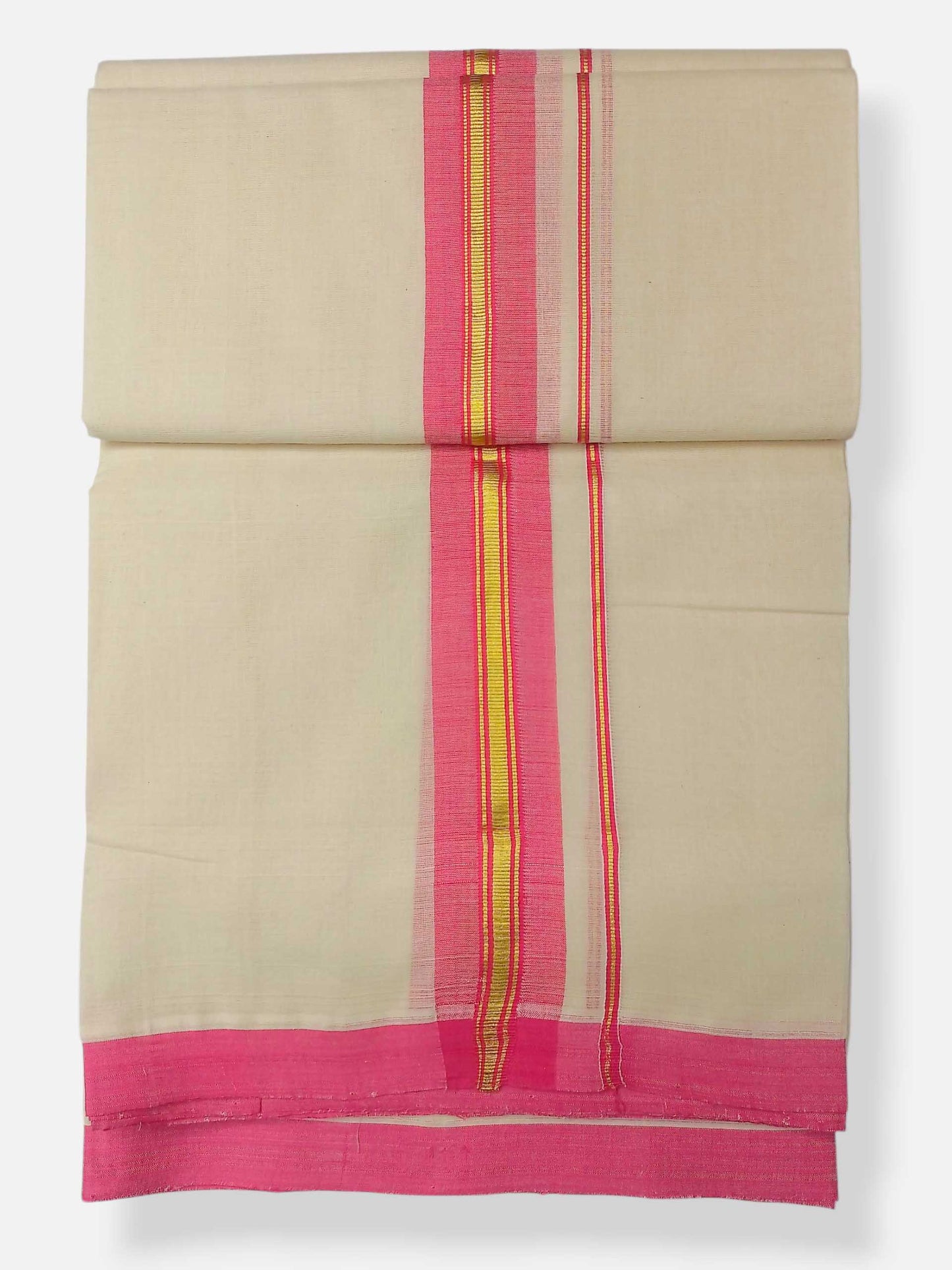 Balaramapuram Handloom Double Mundu Pure Cotton with Rose Border