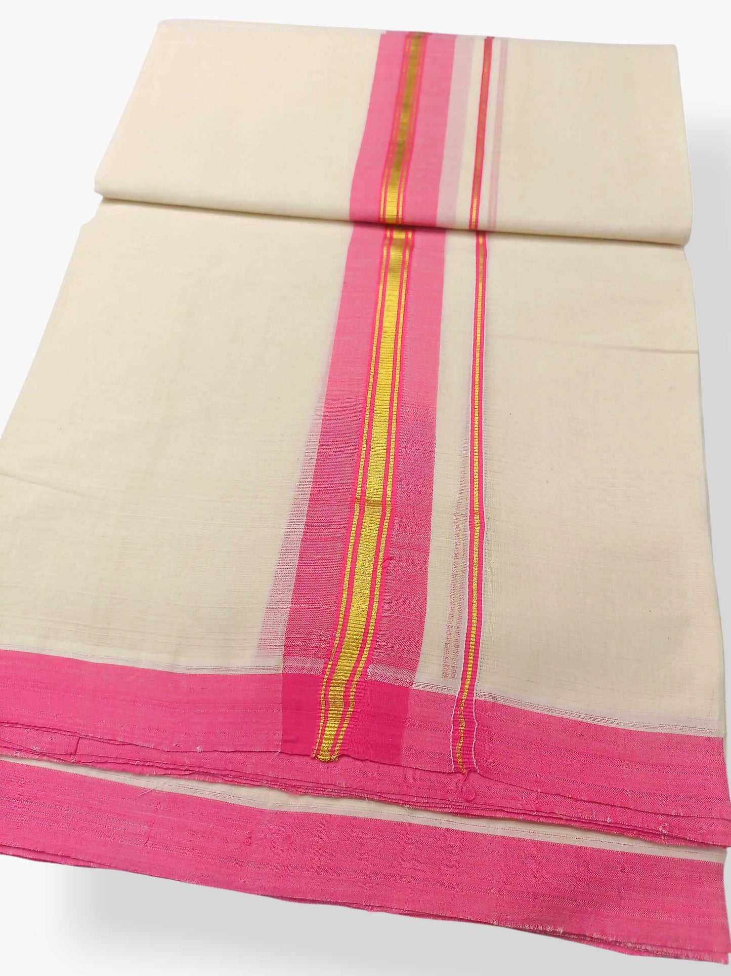 Balaramapuram Handloom Double Mundu Pure Cotton with Rose Border